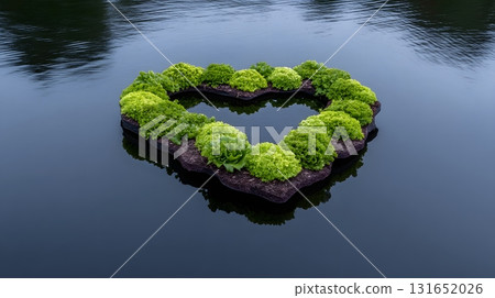 Heart-shaped floating garden in tranquil lake 131652026