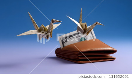Origami birds taking flight from a wallet 131652091