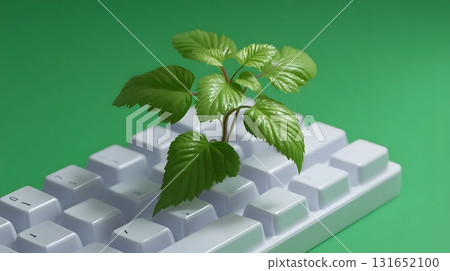 Green plant sprouting from computer keyboard 131652100