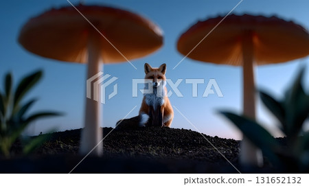 Curious fox sitting on a surreal mushroom planet Curious fox sitting on a surreal mushroom planet 131652132