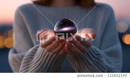 Woman holding a miniature universe in her hands Woman holding a miniature universe in her hands 131652147