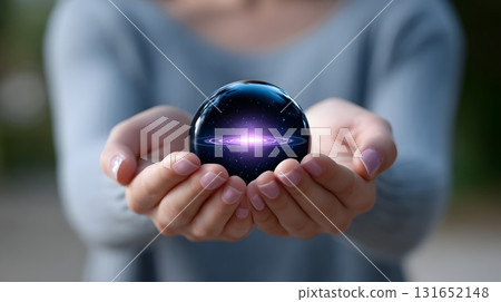 Woman holding a glowing sphere representing the universe. Woman holding a glowing sphere representing the universe. 131652148