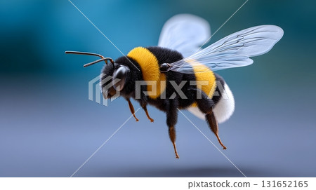 A bumblebee in flight with its fuzzy, vibrant wings 131652165