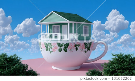 A cozy house floating inside a whimsical teacup 131652202
