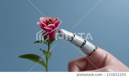 Robot gently supporting the growth of a vibrant flower on its fingertip 131652203