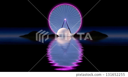 Surreal moon-shaped ferris wheel over tranquil ocean 131652255
