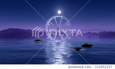 Surreal moon-shaped ferris wheel over a tranquil ocean 131652257