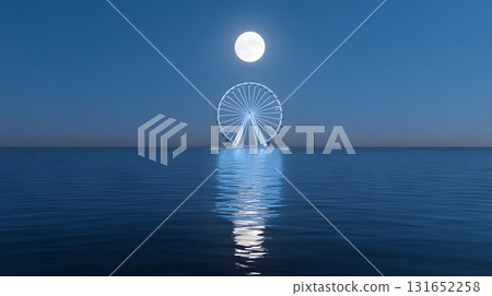 Surreal moon-shaped ferris wheel over the ocean Surreal moon-shaped ferris wheel over the ocean 131652258