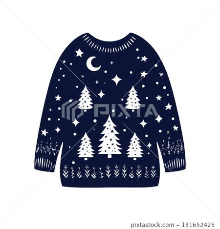 SEO Title: Ugly Christmas Sweater with Night Sky Pattern Vector. Winter Holiday Pullover Icon. 131652425