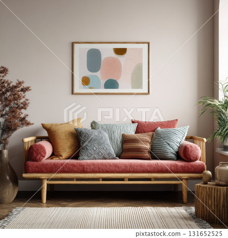Boho living room interior with a wooden sofa, colorful decorative pillows, a neutral rug 131652525