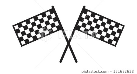 Crossed race flags on sticks. Start and finish sport car competition banner with checkered black and white pattern. Motocross, rally, auto marathon championship sign. Vector graphic illustration 131652638