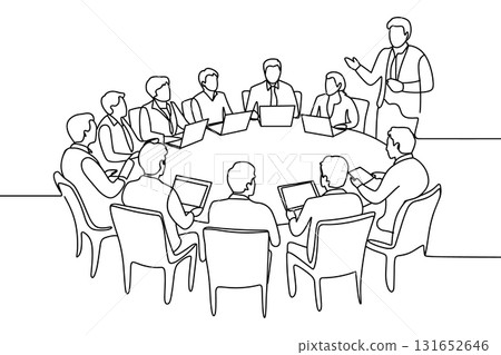 SEO Title: Business Conference Meeting One Line Drawing Vector. Team Presentation and Collaboration. 131652646