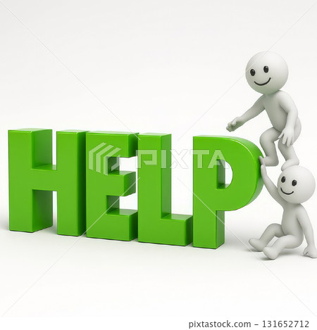 Minimal 3D illustration of the word help in bold green letters with two characters climbing and giving a hand. Metaphor for teamwork, support, assistance, customer care and community aid on a clean 131652712