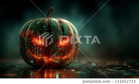 Digital Halloween. Creepy pumpkin smile in electronic circuit board. Halloween, cyber security and virus concept Digital Halloween. Creepy pumpkin smile in electronic circuit board. Halloween, cyber security and virus concept 131652713