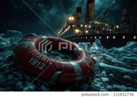 TITANIC 1912 life buoy floating on arctic sea night TITANIC 1912 life buoy floating on arctic sea night 131652736