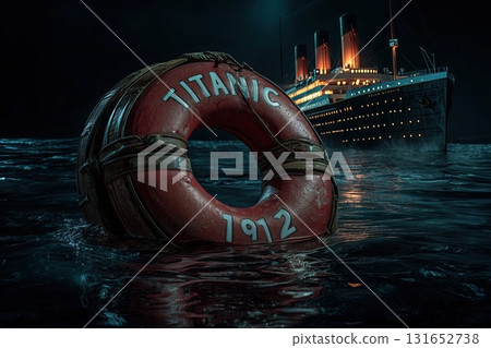 TITANIC 1912 life buoy floating on arctic sea night TITANIC 1912 life buoy floating on arctic sea night 131652738