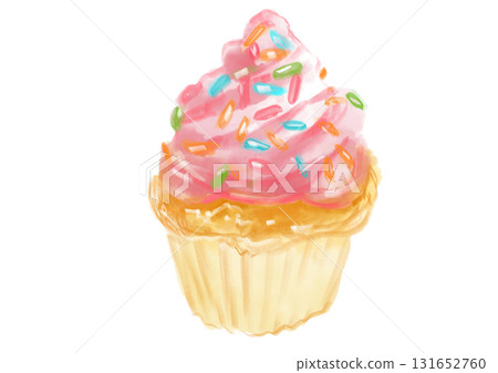 Hand-drawn watercolor illustration of a delicious cupcake with pink cream Hand-drawn watercolor illustration of a delicious cupcake with pink cream 131652760