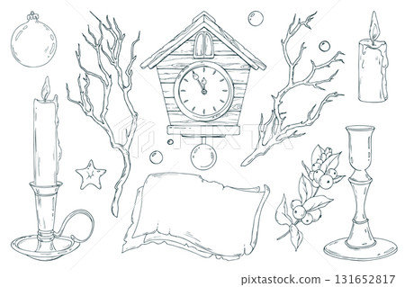 A large Christmas set with ornaments, candles, a wish note, a cuckoo clock, and snowberry branches. This detailed line art is perfect for festive collages and website headers. A large Christmas set with ornaments, candles, a wish note, a cuckoo clock, and snowberry branches. This detailed line art is perfect for festive collages and website headers. 131652817