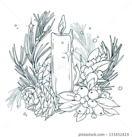 A large composition with a burning candle, pine branches, cones, and a New Year s glow. This detailed hand-drawn line art is perfect for blog headers about cozy holidays. 131652819