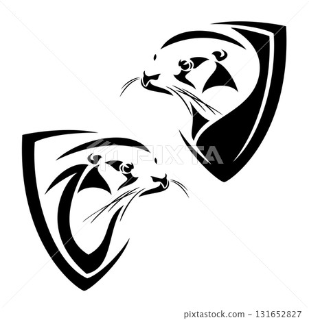 wild otter head and heraldic shield black and white vector design 131652827