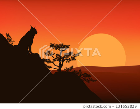 wild lynx cat at sunset mountain slope vector silhouette lanscape scene 131652829