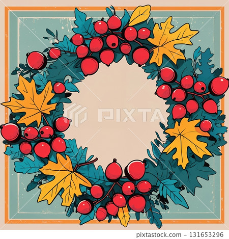 黃楓和紅漿果的復古秋季花環 131653296
