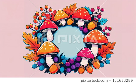 Autumn mushroom and berry ring frame | Pop art style 131653299