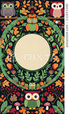Autumn owl and fallen leaves vertical frame | Fairytale forest style 131653300