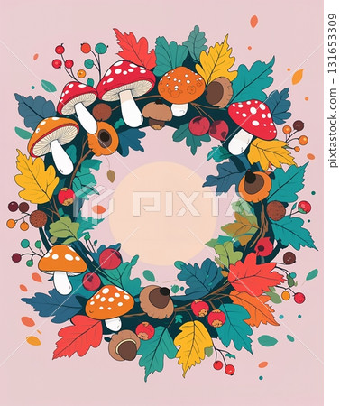 Colorful autumn wreath with mushrooms and acorns Colorful autumn wreath with mushrooms and acorns 131653309