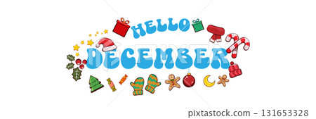 Hello December banner design template with santa hat, christmas tree, candy, hat, mittens, berries, stars, gifts, balls, moon , gingerbread man, cookies. Hello December blue sticker isolated on white 131653328