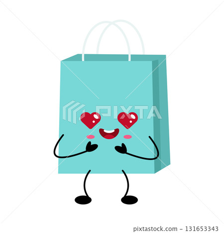 Kawaii shopping bag character with heart eyes and cheerful expression, perfect for playful designs Kawaii shopping bag character with heart eyes and cheerful expression, perfect for playful designs 131653343