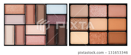 Set of colorful eyeshadow palettes isolated on transparent background. Cosmetic collection for beauty, makeup, glamour and fashion design 131653346