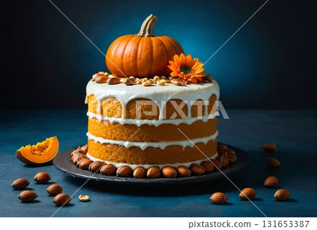 Festive layered pumpkin cake with orange floral decoration 131653387