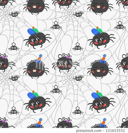 Seamless Halloween pattern with cute spider and spider web, vector illustration. Design backgrounds, wallpapers, clothes 131653552