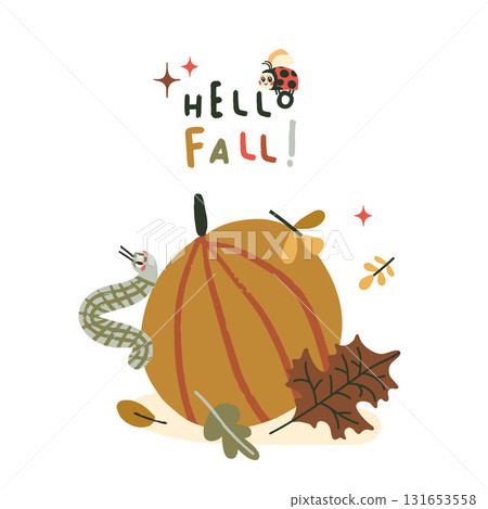 Hello fall. Vector cute illustration of leaves, ladybug, caterpillar, pumpkin for background, greeting card Hello fall. Vector cute illustration of leaves, ladybug, caterpillar, pumpkin for background, greeting card 131653558