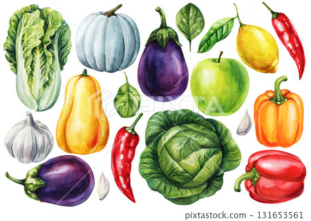 Vegetables and Fruits Set Eggplant Cabbage Pumpkin Apple Lemon Pepper Garlic Botanical Fresh Organic Food Watercolor Illustration Vegetables and Fruits Set Eggplant Cabbage Pumpkin Apple Lemon Pepper Garlic Botanical Fresh Organic Food Watercolor Illustration 131653561