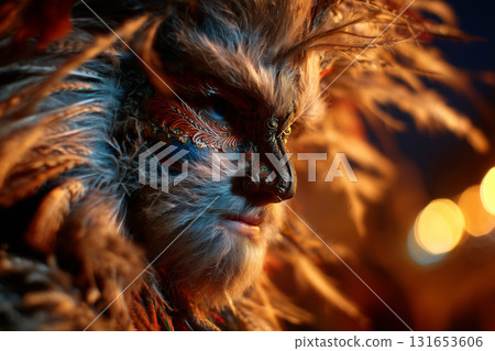 Vibrant kurent mask feathers dance in the night air during traditional festival 131653606