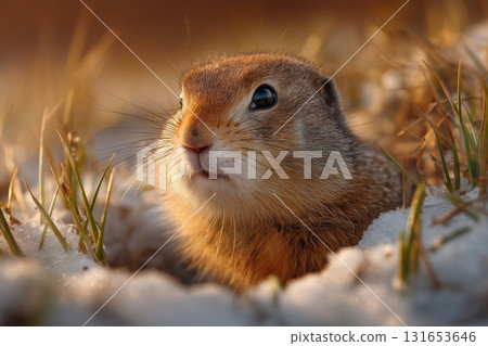 Groundhog enjoys fresh grass during early spring in a sunny meadow Groundhog enjoys fresh grass during early spring in a sunny meadow 131653646