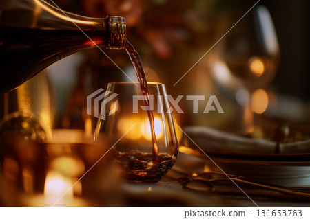 Pouring rich red wine beside glowing candles on a cozy dinner table setting Pouring rich red wine beside glowing candles on a cozy dinner table setting 131653763