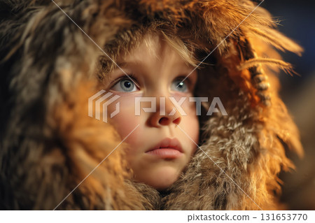 Child marvels at intricate fur details of kurent costume during festival Child marvels at intricate fur details of kurent costume during festival 131653770
