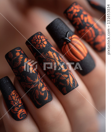 Halloween manicure featuring long coffin nails with pumpkin design Halloween manicure featuring long coffin nails with pumpkin design 131653834