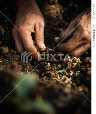 Hands nurture new life as seedlings are planted in rich soil 131653836