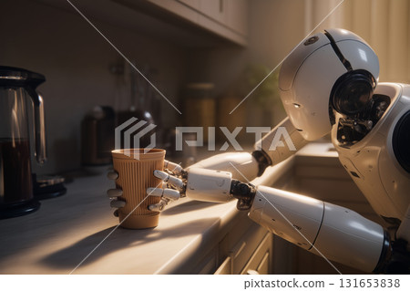 Home robot assistant carefully places a reusable cup on the kitchen counter 131653838