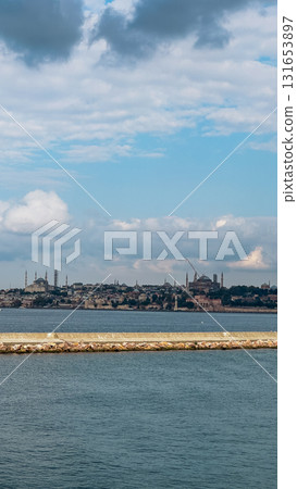 Istanbul, Turkey. Scenic view of the Bosphorus Strait with city view in the background. Urban skyline and city life. 131653897
