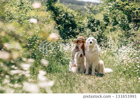 Dogs Woman Flowers: Smiling woman poses with dogs in summer daisy field for a happy outdoor portrait. Dogs Woman Flowers: Smiling woman poses with dogs in summer daisy field for a happy outdoor portrait. 131653991