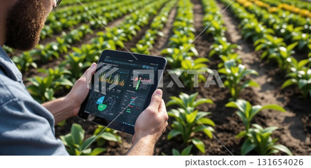 Sustainable Agriculture - Farmer Using AI Software to Optimize Crop Yield A farmer is using AI-powered software on a tablet 131654026