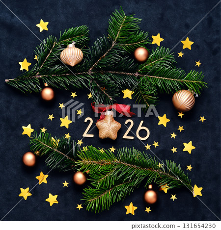 New Year Square 2026 background. Number of coming year in Christmas decoration. New Year Square 2026 background. Number of coming year in Christmas decoration. 131654230
