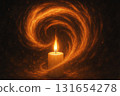 A single candle burns with a bright golden flame, sending a swirling spiral of light into the darkness like a magical vortex 131654278