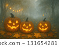 Halloween scene with smiling carved pumpkins illuminating a dark autumn forest, their light flickering against the fog and falling leaves 131654281