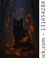 A mysterious black cat with glowing amber eyes sits among pumpkins carved with mystical symbols, surrounded by swirling autumn leaves and warm golden light 131654284
